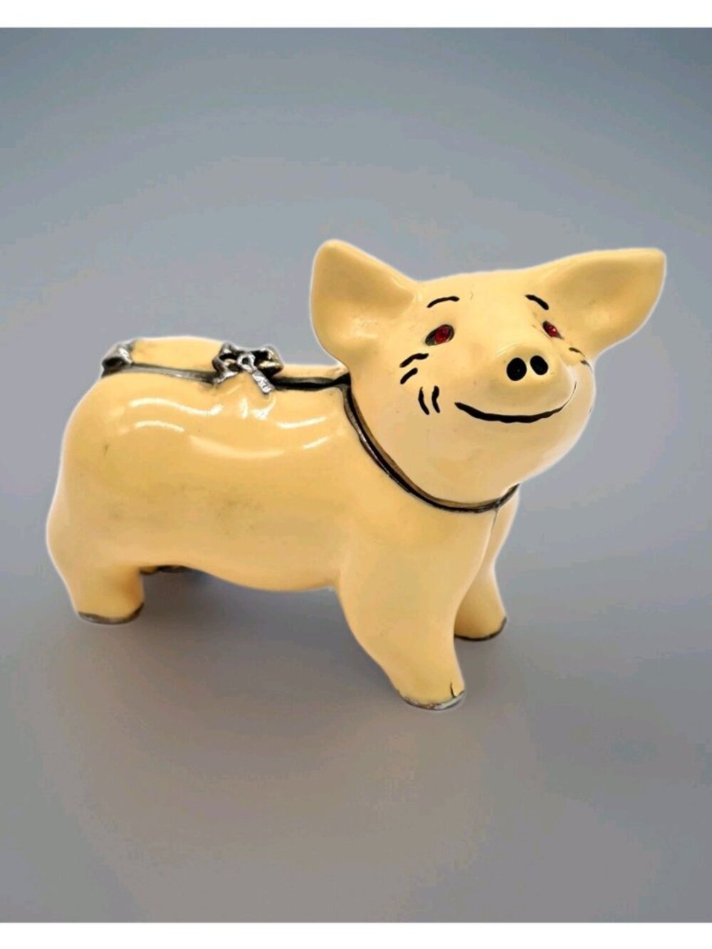 Enamel Hinged Pig Trinket Box Magnetic Closure Vintage Farmhouse Country Swine